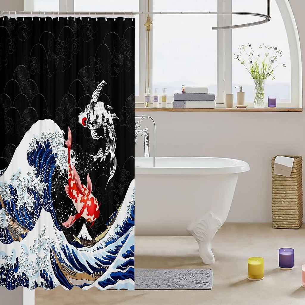 Japanese Ukiyoe Fish Shower Curtain Ocean Surfing Koi Fabric Shower Curtains Kids Boys Adult Japanese-Style Exotic Koi Animal
