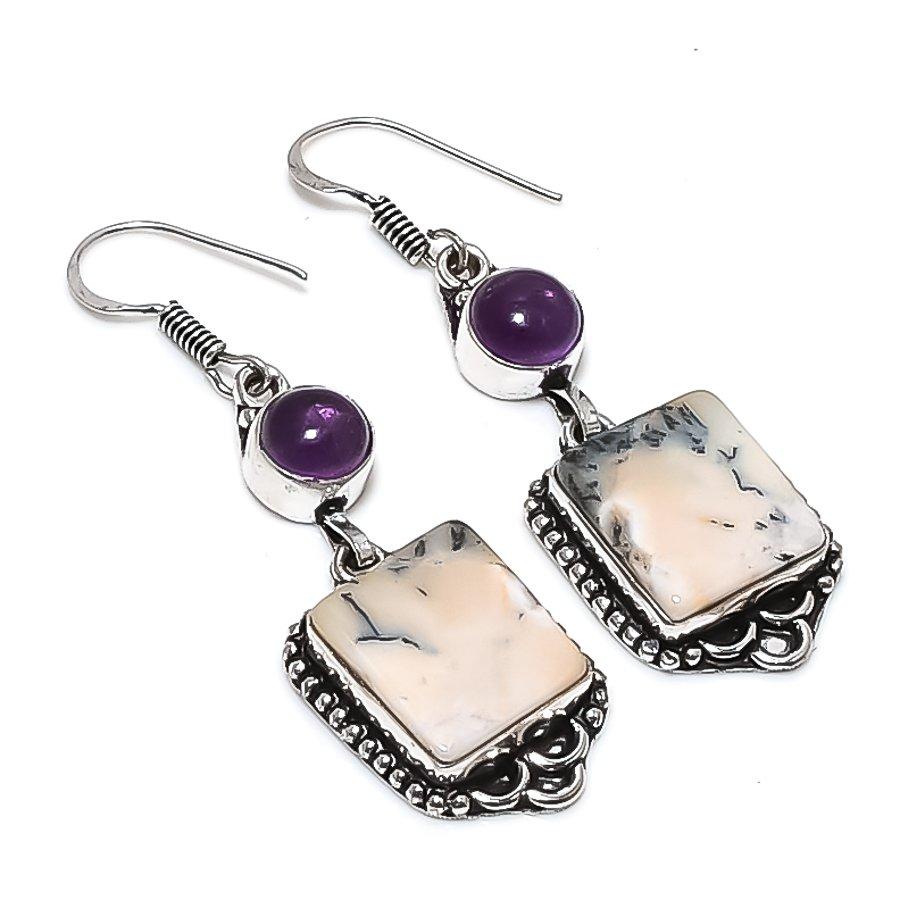 Dendrite Opal, Amethyst Gemstone 925 Sterling Silver Jewelry Earring 2.25"