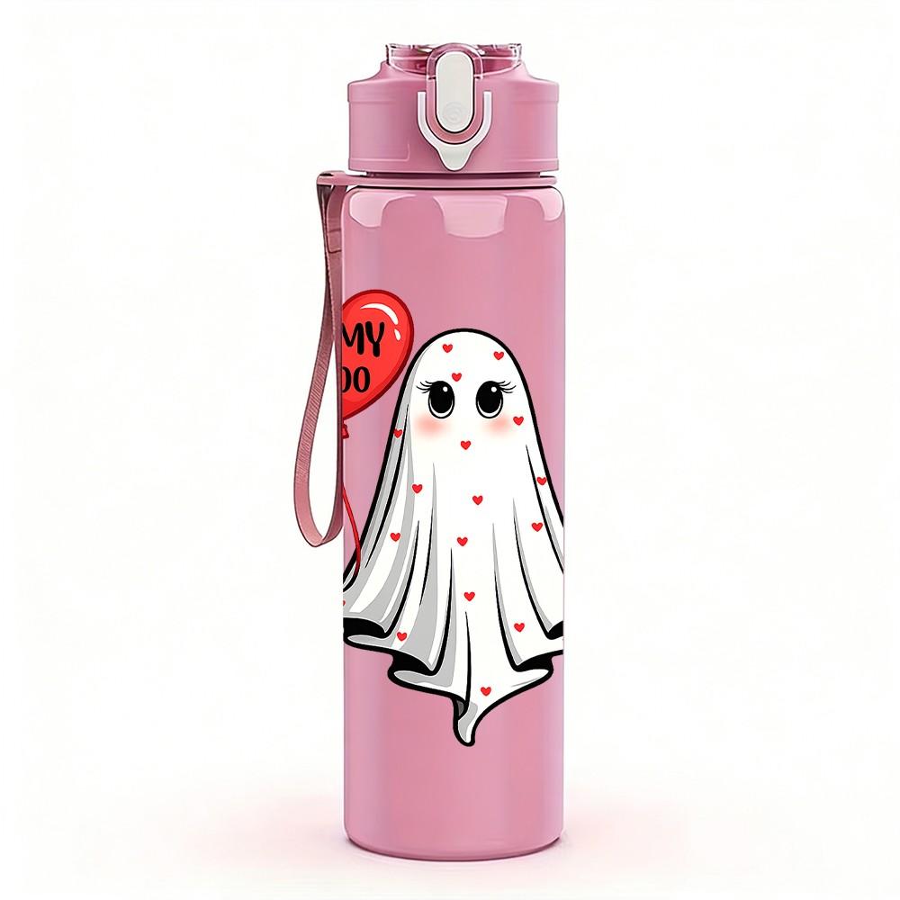 1PC Single Ghost With Red Heart Print 750ml Color Plastic Sports Water Bottle Leakproof Flip Straw Lid Suitable for Sports Office Home Use