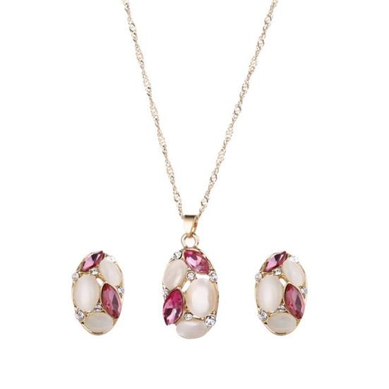 Ensemble de colliers et boucles d'oreilles ovales en fausse opale pour femmes, ensemble de luxe, pendentif, clous d'oreilles, strass brillants, décor élégant, 2 pièces/ensemble