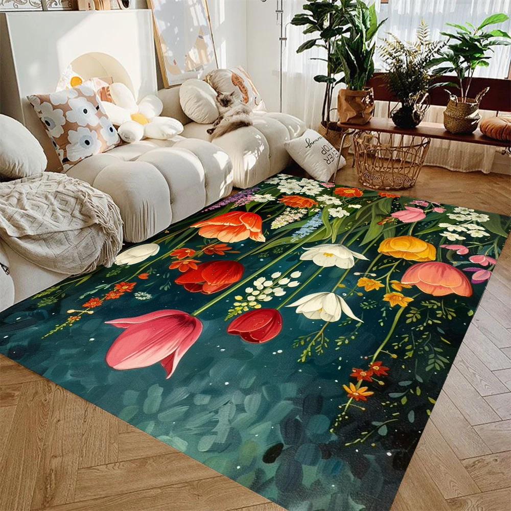 Modern Art Floral Area Rug – Black White Non-Slip Floor Mat, Indoor Carpet for Living Room Entryway Decor