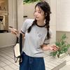 WTEMPO Branded Summer Women's Fashion Trend Clashing Trim Embroidered Short Sleeve T-shirt with Design Niche Round Neck Elasticated Tops