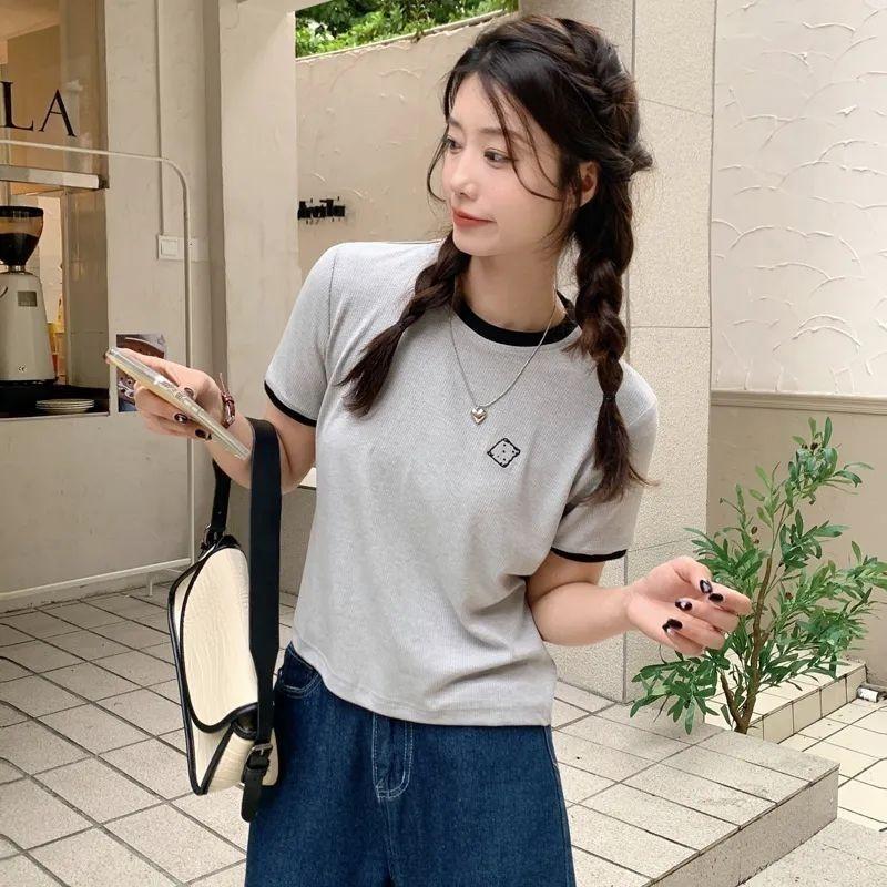 WTEMPO Branded Summer Women's Fashion Trend Clashing Trim Embroidered Short Sleeve T-shirt with Design Niche Round Neck Elasticated Tops