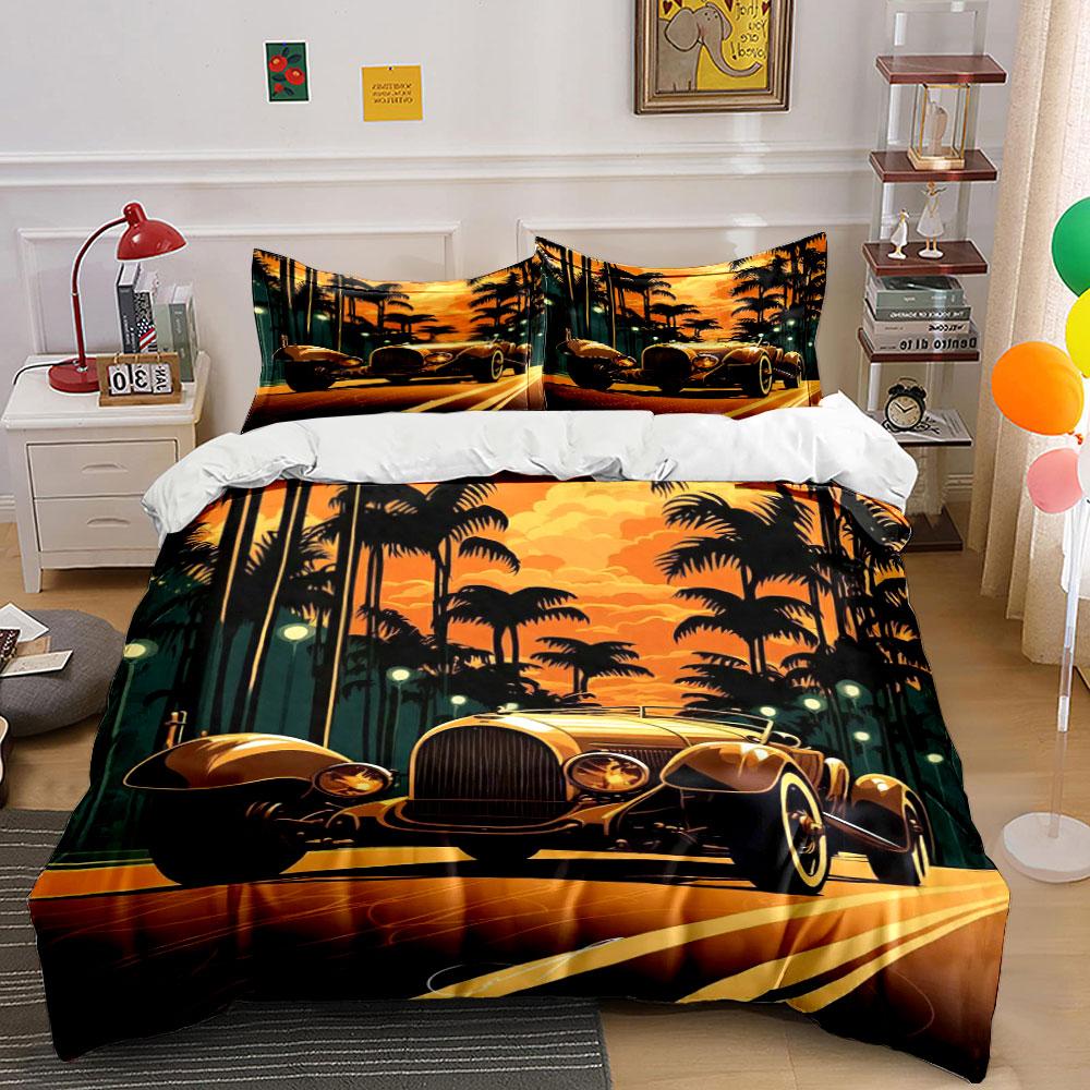 Vintage car, palm trees. Bedding sets Duvet cover sets Duvet covers Pillowcases(1 * Duvet Cover 2 * Pillowcases without duvet insert) 135x200cm