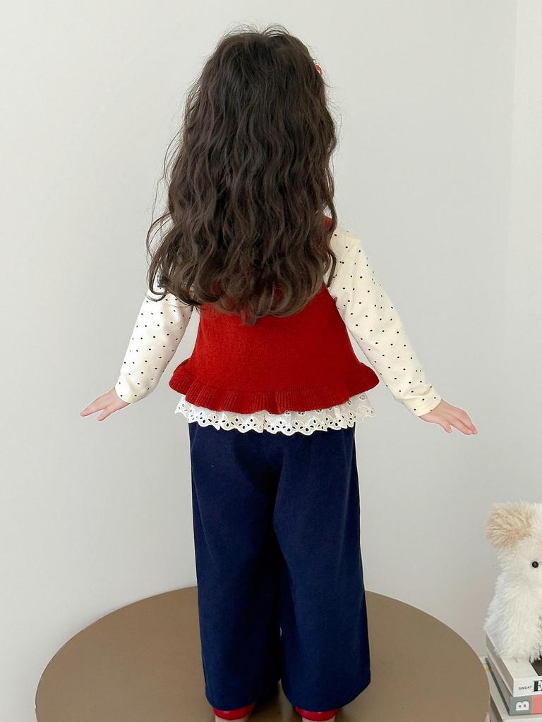 Girls' Fashionable Three-Piece Set: Knitted Vest, Polka Dot Shirt & Wide-Leg Pants for Spring/Autumn