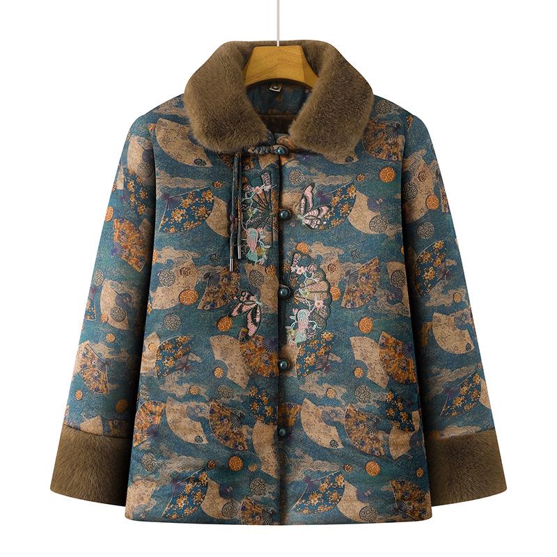 Winter Plus Velvet Coat for Middle-Aged and Elderly Women, Elegant Chinese Style Mother's Clothing, Warm Thick Cotton Jacket.