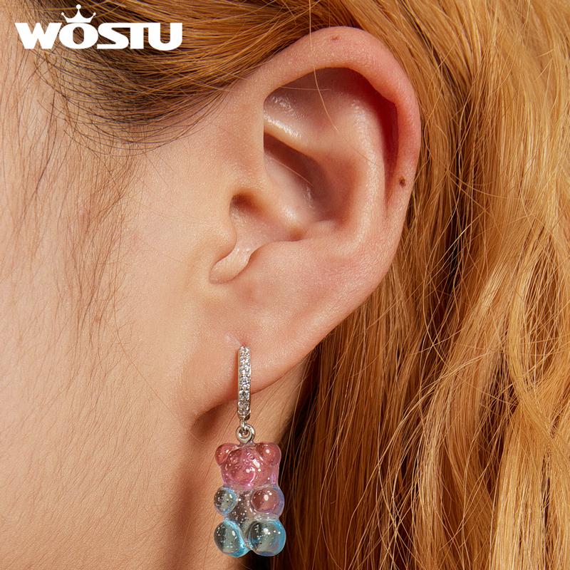 WOSTU 925 Silver Pink Blue Cute Candy Bear Stud Earrings For Women Fashion Party Jewelry Gift CQE1388