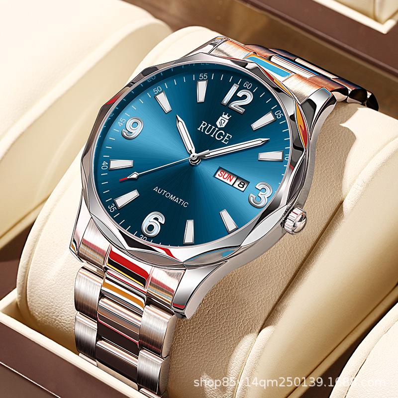 RUIGE Men s Automatic Stainless Steel Watch with Double Calendar & Luminous Display - Waterproof