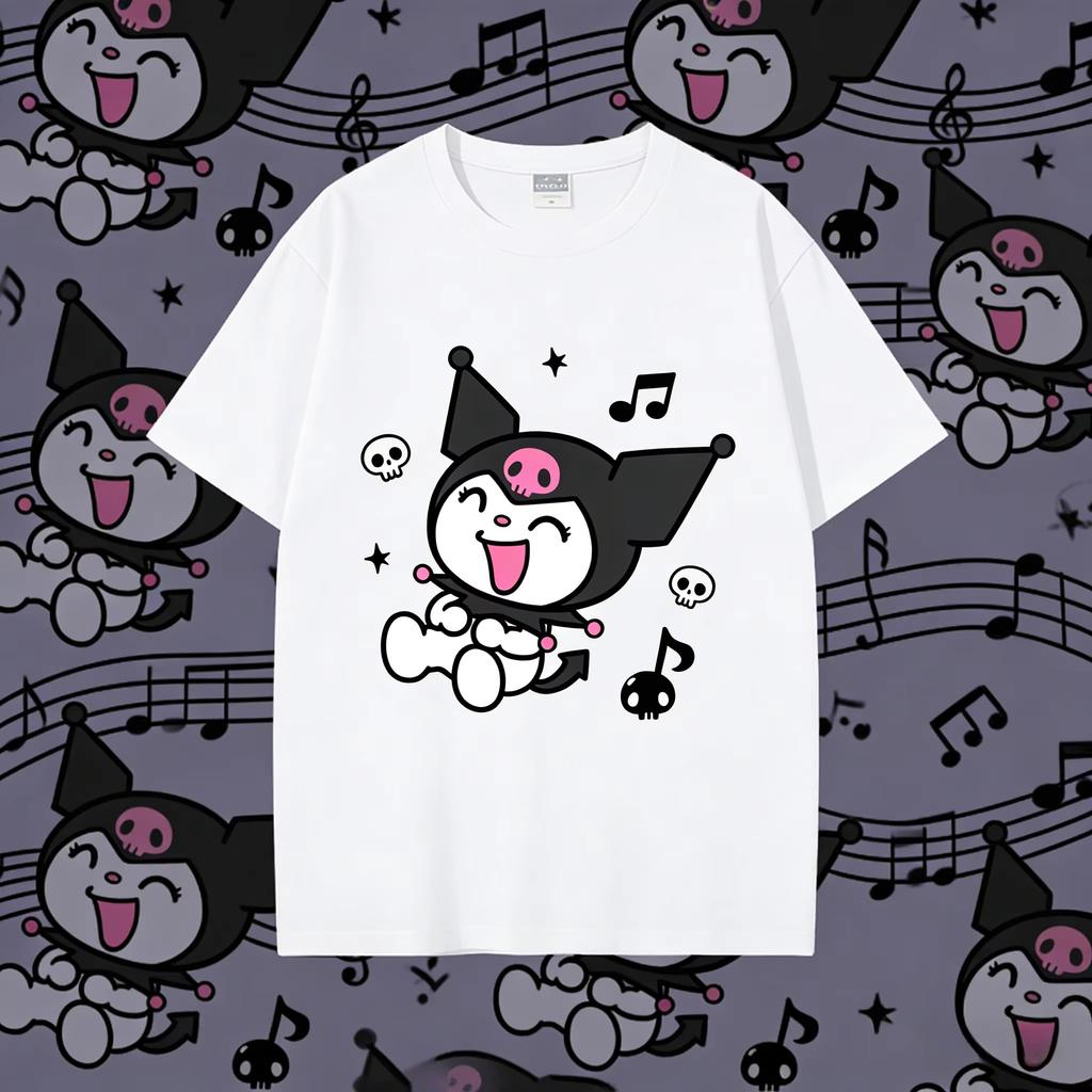 2026 New Summer Kuromi Cute Print Tee Casual Short Sleeve Cotton Tops for Adults Kids Sweet Kawaii Style Daily Outfit