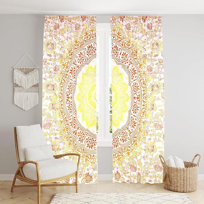 Bless International Beautiful Indian Bohemian Psychedelic Hippie Ombre Window Curtain Panels for Bedroom, Living, Balcony (Red Yellow Passion Ombre)