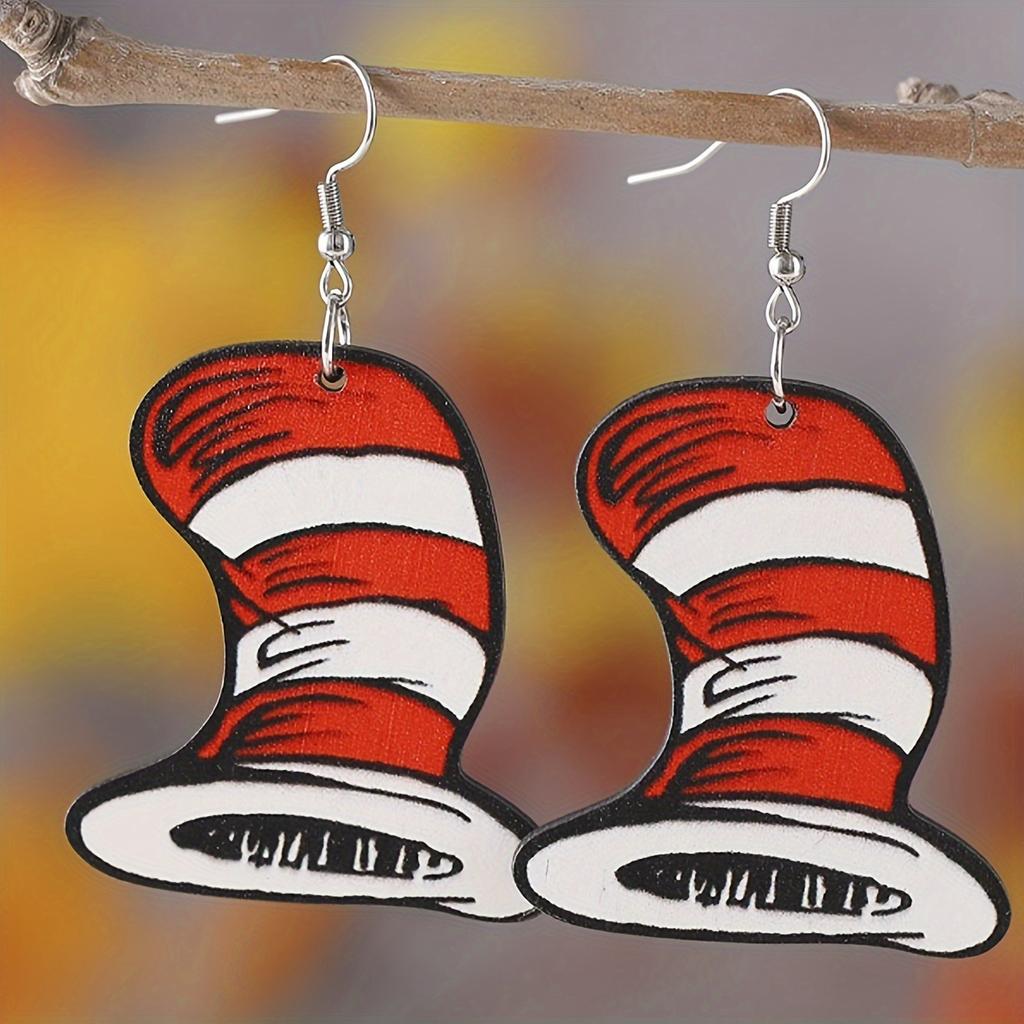 Cartoon cute wooden red and white splicing hat earrings retro simple ladies pie vacation gift