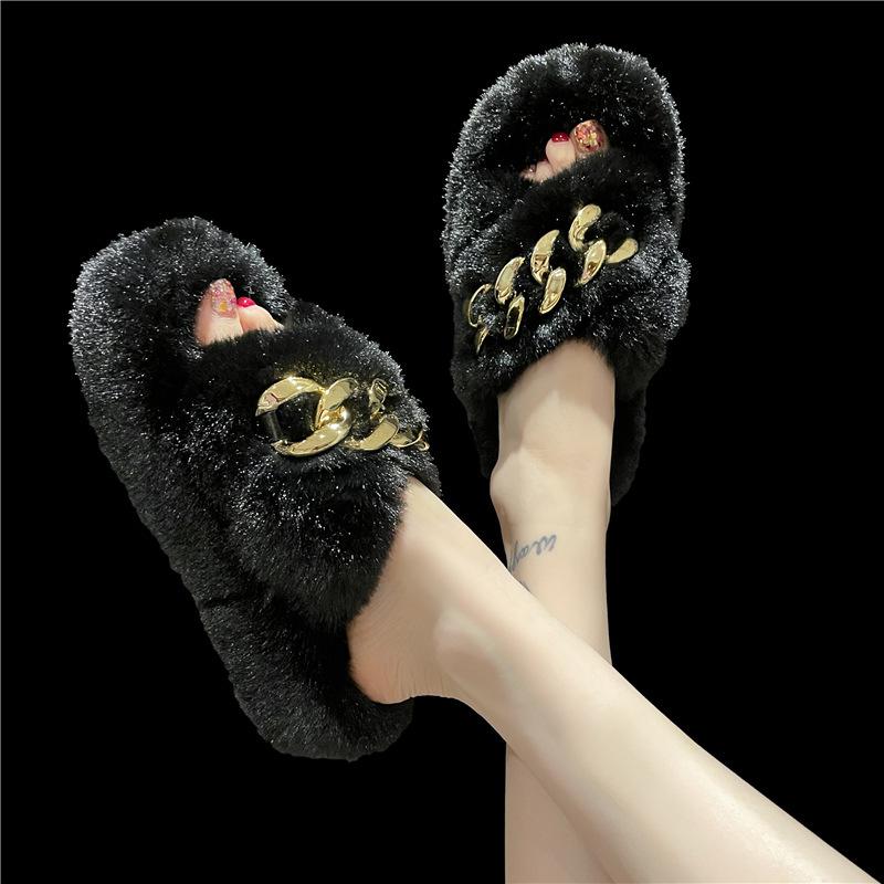 European goods heightened thick-soled fluffy slippers women wear high-end explosion spring and autumn chain Internet celebrity cross plush slippers