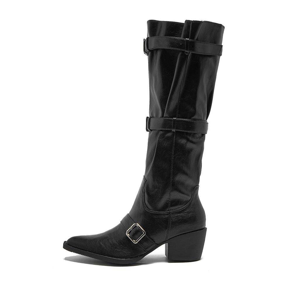 Fashion Pointed Folded Knight Boots Women's Spice Girls Belt Buckle Big Tube Pile Boots But Knee Wide Boots Long Boots