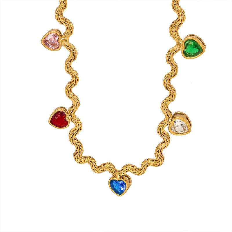 1 Pc Fashion Versatile Colorful Zirconia Love Shape Color Clashing Geometric Irregular Shape Necklace Collarbone Necklace Female