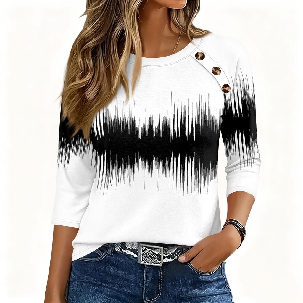 Women 34 Sleeve Crew Neck Button Decor Top Geometric Pattern Casual Loose Fit Blouse for Daily Wear Office Travel