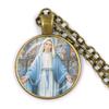 Virgin Mary and Baby Jesus Christian Catholicism Jewelry Necklace Blessed Mother Religious Art Glass Cabochon Dome Pendant Gift