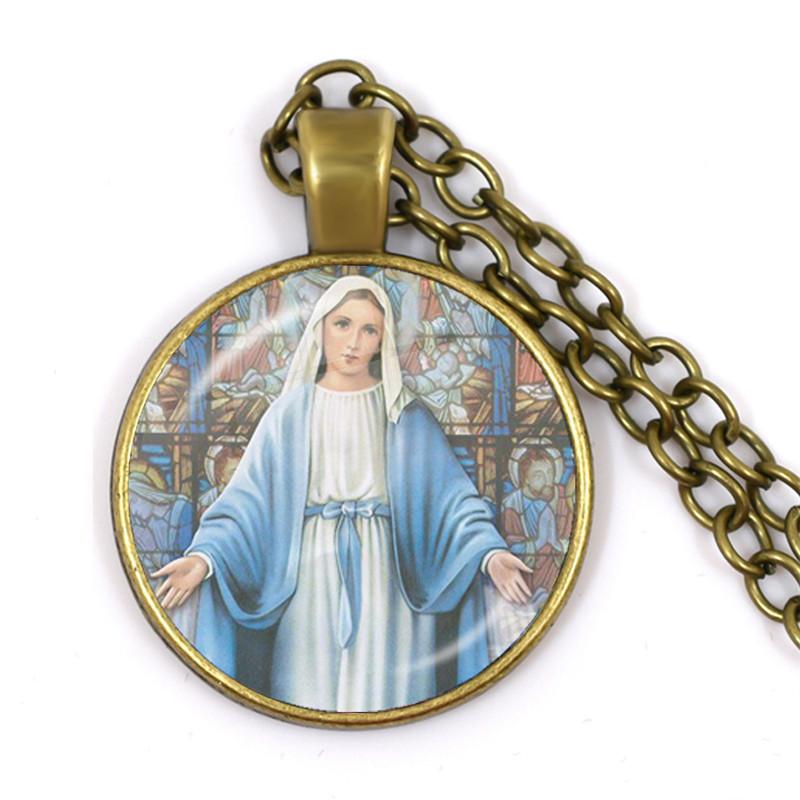 Virgin Mary and Baby Jesus Christian Catholicism Jewelry Necklace Blessed Mother Religious Art Glass Cabochon Dome Pendant Gift