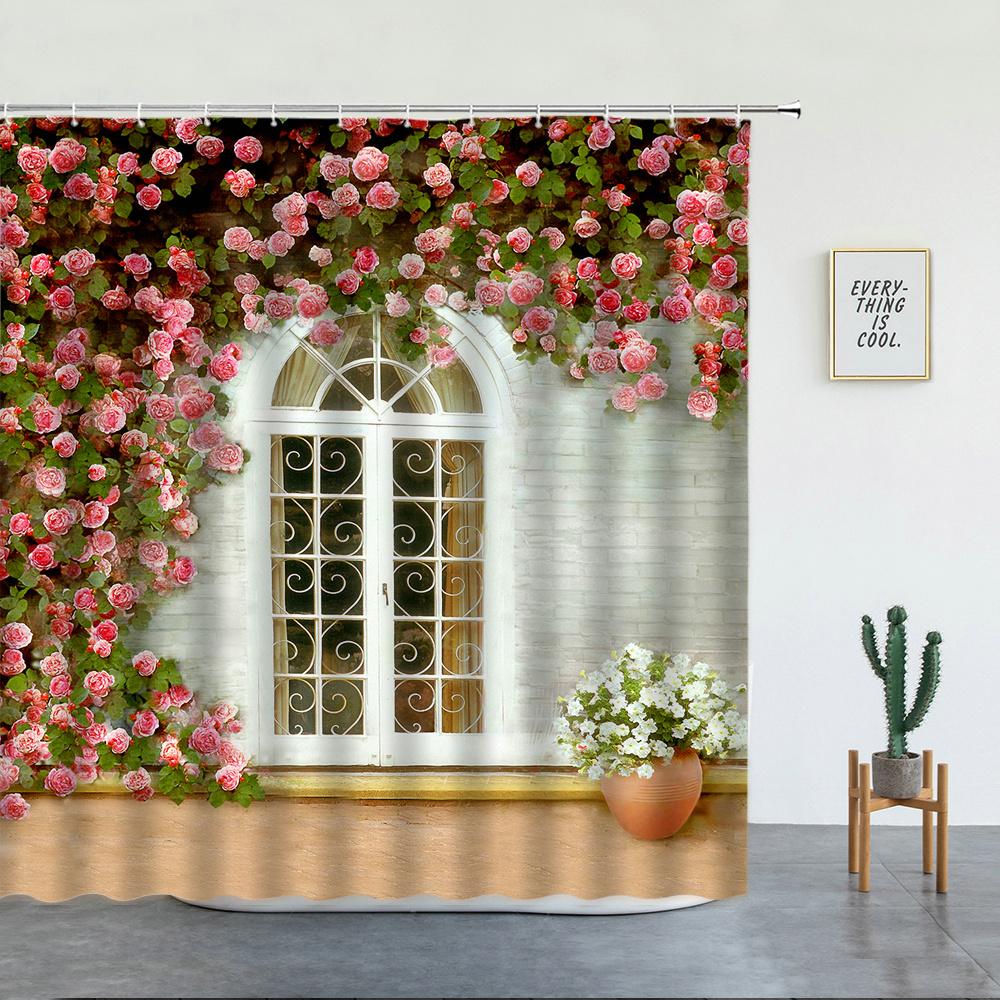 Blommor Vårlandskap Badrumsset Duschdraperi Gata Röd Rosa Blomma Retrodesign Trädgård Väggdekoration Hängande gardiner