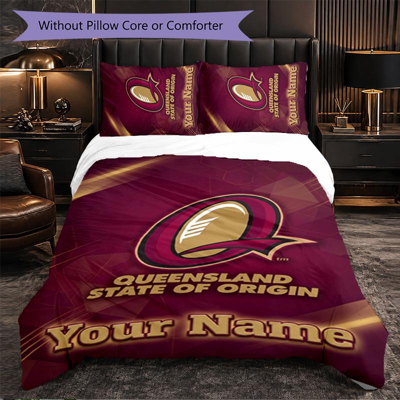 Queensland Maroons Customized Name Text Bedding Set, 1 Duvet Cover & 2 Pillowcases Personalized Bedroom Gift