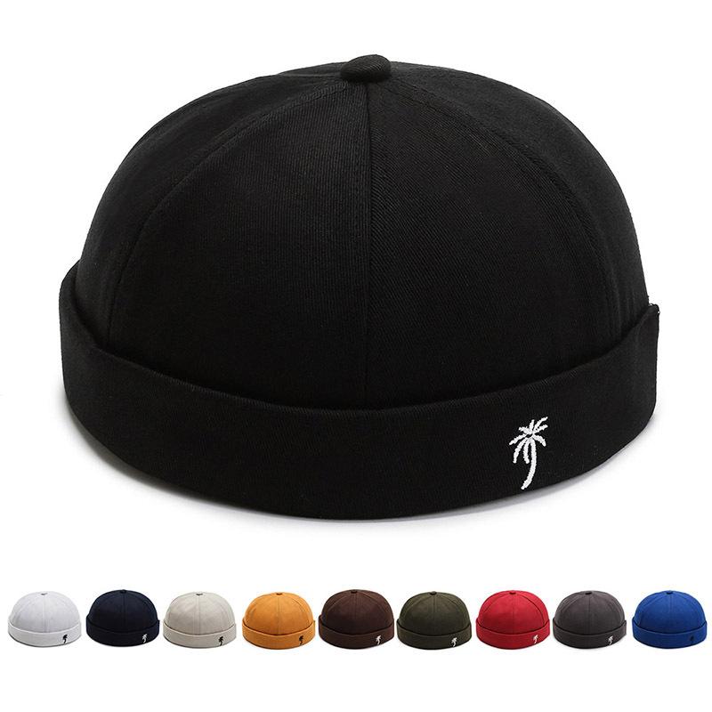 Men Embroidered Coconut Tree Docker Cap New Spring Brimless Hats Hip Hop Beanie Skullcap Solid Color Pumpkin Portable Melon Cap