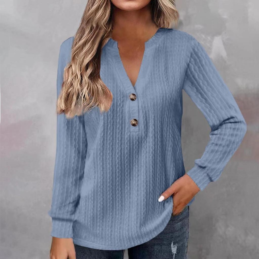 Autumn and Winter Women's Long Sleeved Solid Color V-neck Button T-shirt Top