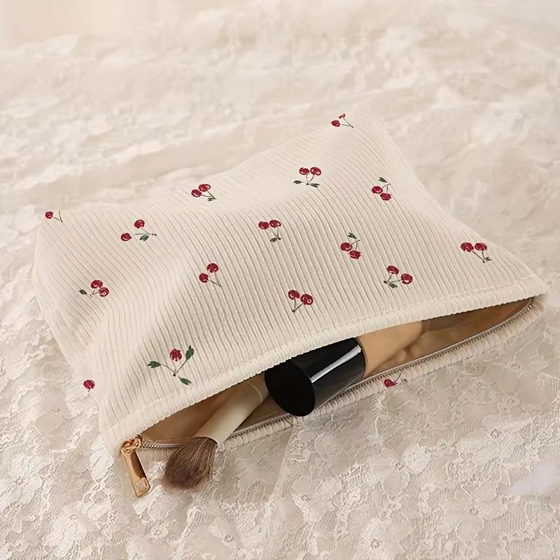 Fashion Cherry Printed Corduroy Makeup Bags Large Capacity Lightweight Zipper Makeup Storage Box Multifunctional Bag with Lining