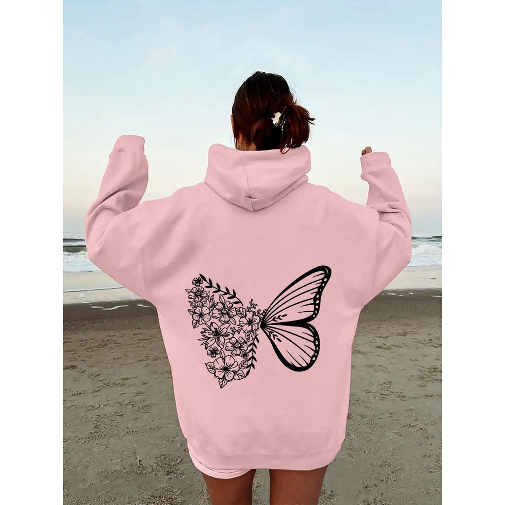Women'S Fleece Shoulder Sleeve Sweater Letter Print Kangaroo Pocket Drawstring Butterfly Hoodie