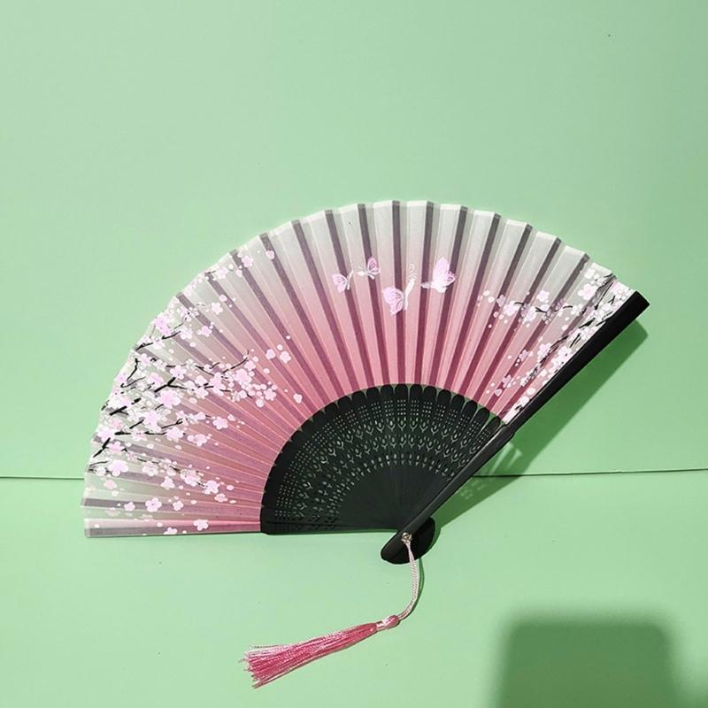 Éventail traditionnel chinois vintage avec pompons Éventail pliant portable Éventail de danse pour femmes Mariages Bals de fin d'études Photographie