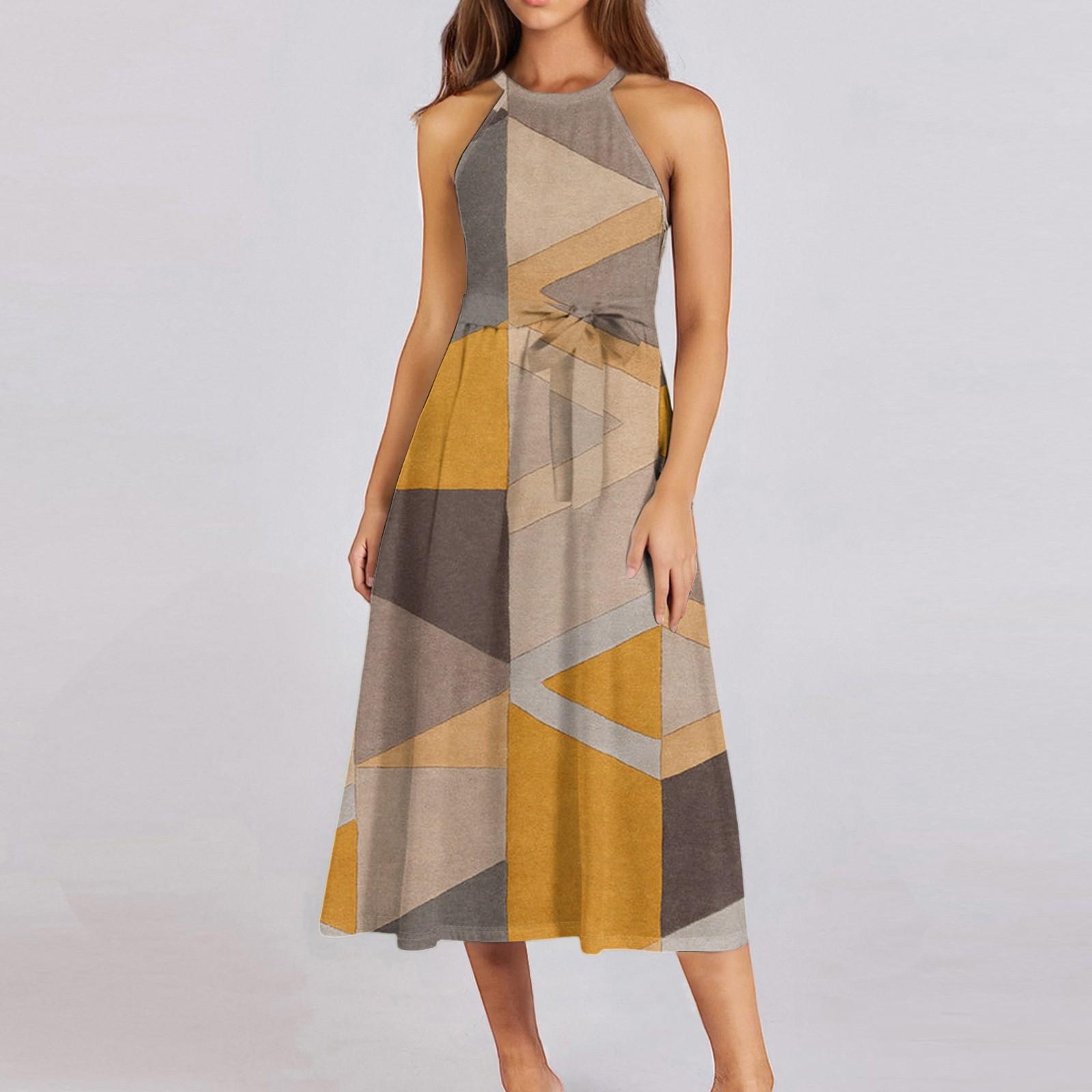 

Женское повседневное платье миди с круглым вырезом, классическое, повседневное, без рукавов, свободное платье в стиле бохо с завязками, летний пляжный сарафан XL жёлтый