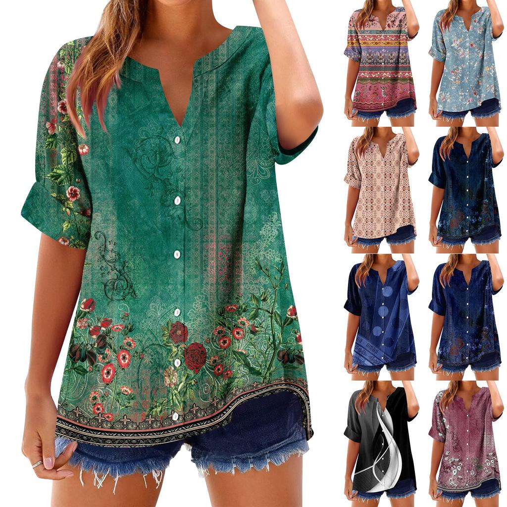 Women's loose printed stand collar short-sleeved cotton and linen top