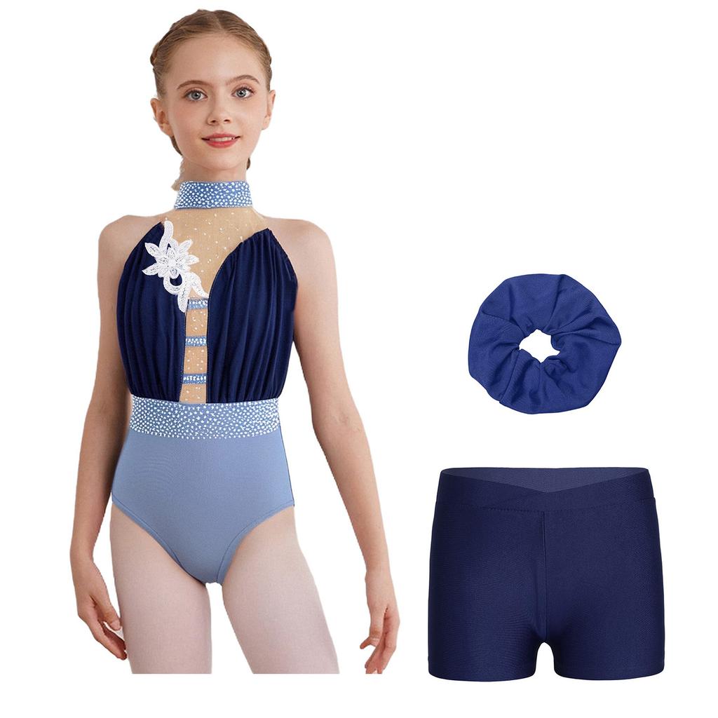 Girls Gymnastics Dance Outfit Sleeveless Keyhole Back Rhinestones Leotard V Waistband Shorts Hair Tie