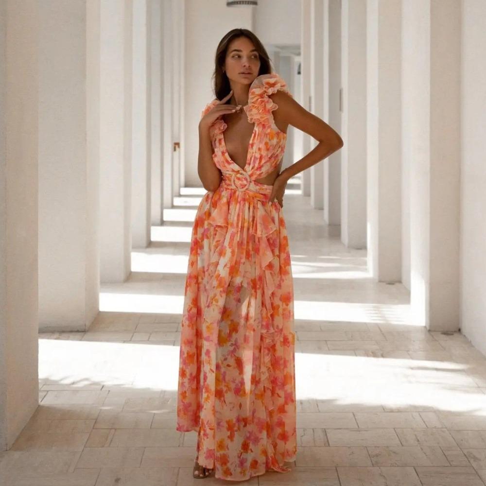 Abito midi da donna con scollo a V senza maniche, linea ad A, vita alta, elegante, in chiffon floreale con bordi arricciati, per vacanza al mare