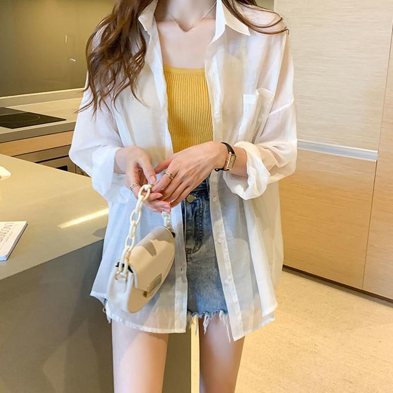Polo Collar Thin Chiffon Shirt Single Breasted Cardigan Women's Loose Sun Protection Clothing Solid Color Simple Casual Summer