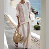 2025 European & American Women's Striped Linen Cotton 2-Piece Set: Round Neck Short Sleeve Top and Casual Pants.