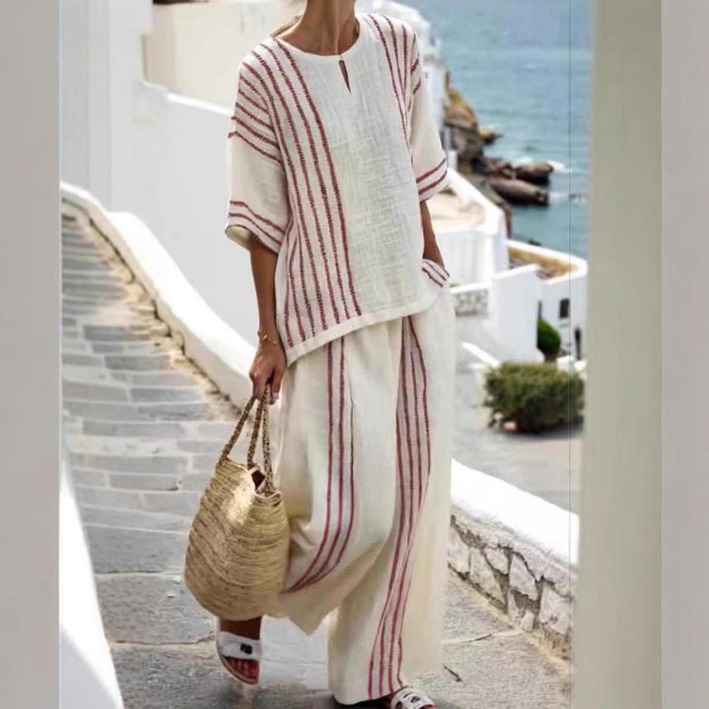 2025 European & American Women's Striped Linen Cotton 2-Piece Set: Round Neck Short Sleeve Top and Casual Pants.