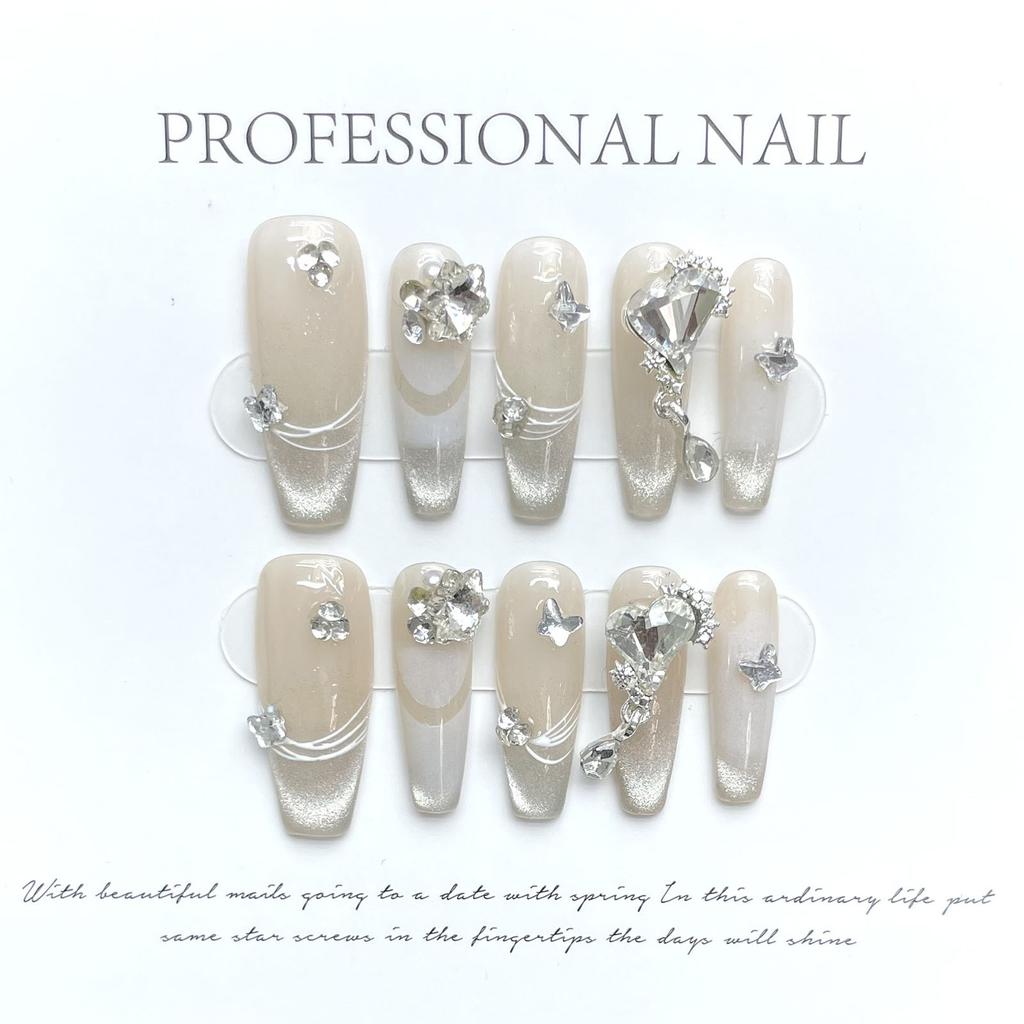 10pcs Glossy White Fake Nail Cat Eye Reusable Coffin Artificial Nail with Crystal for Women and Girls Nail Decoration