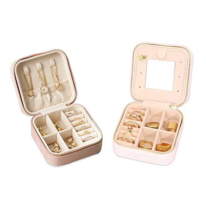 Portable Double-Layer Velvet Jewelry Box with Mirror and Zipper for Earrings and Rings