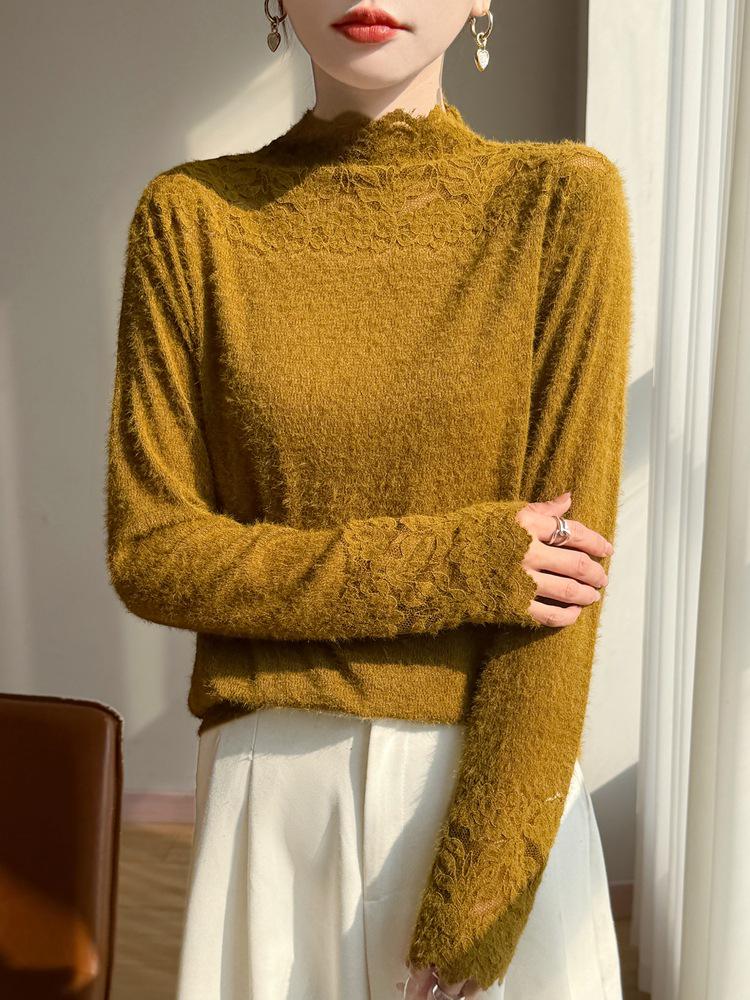 Cross 2025 Autumn/Winter Lace Color Block Knit Pullover with Half-High Collar and Long Sleeves