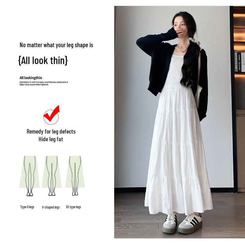 White A-line High Waist Pleated Long Skirt for Women - Spring/Summer 2026 Slimming Petite Layered Umbrella Design