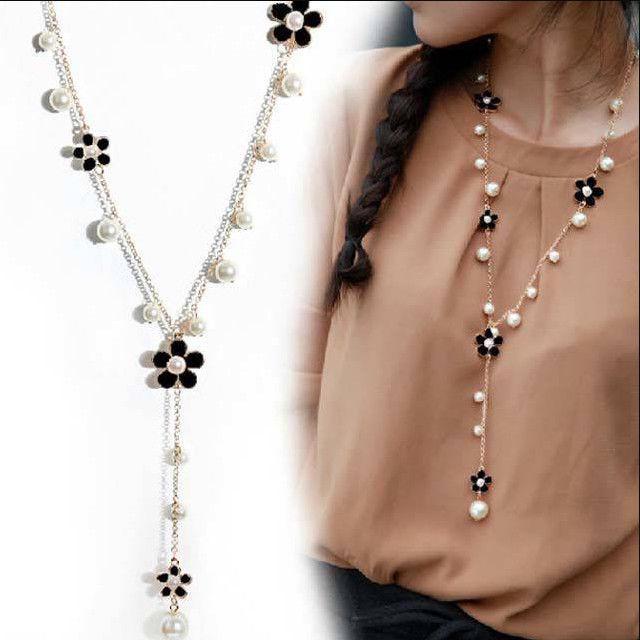 Korean Five-Petal Pearl Tassel Flower Necklace for Women