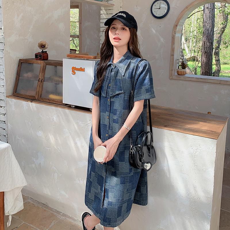 Women's Summer Short-Sleeve Denim Dress: Loose, Slimming, Belly-Covering, Medium-Length Shirt Style