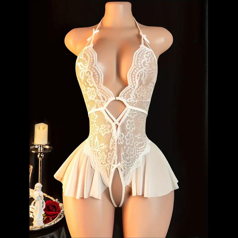 Black Hanging Neck Women Lingerie Sexy Backless Adjustable Straps Hot Costume Porn Crotchless One Piece Underwear Lace Bodysuit