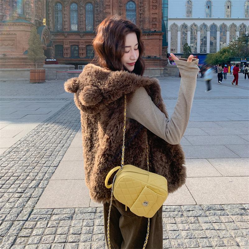 

Зимний короткий модный милый универсальный жилет с медвежьими ушками, женская куртка с капюшоном L коричневый