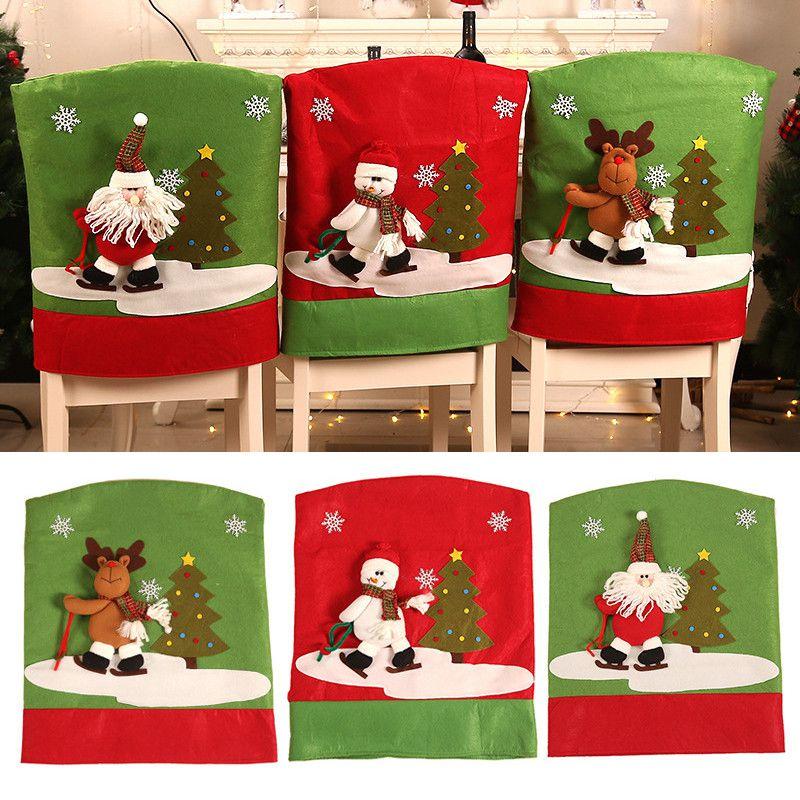 Chair 3d Christmas Cover Home Dining Seat Decor Party Reindeer Santa Snowman
