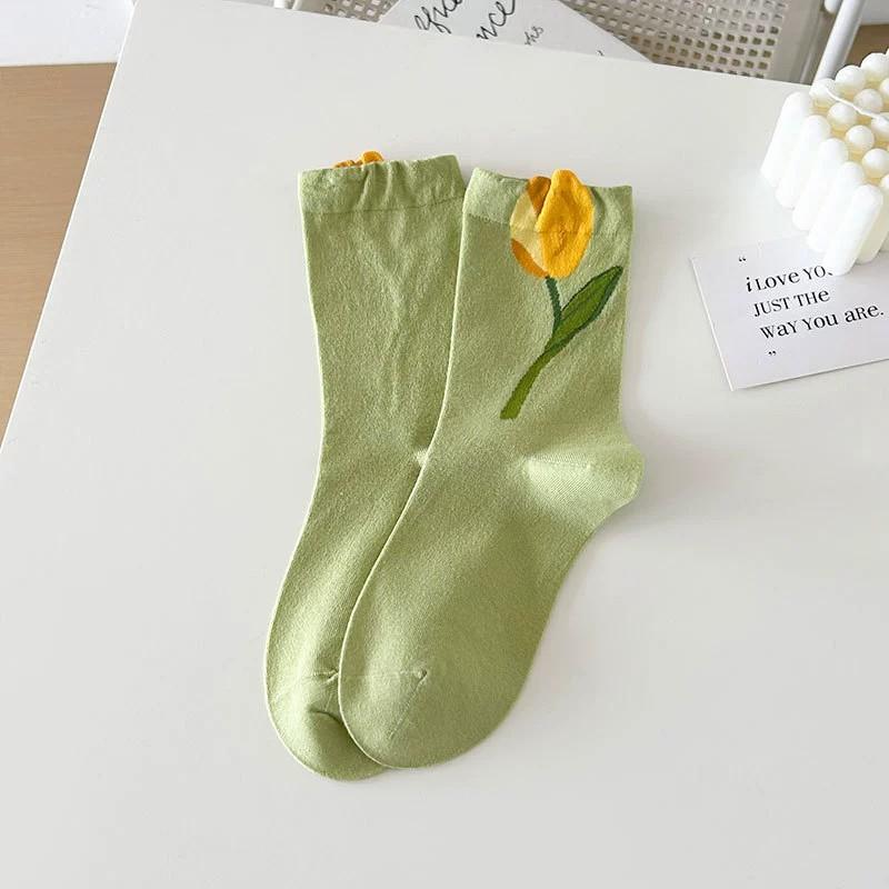 1/5 Pairs Women Tulip Floral Pattern Cotton Socks Sweet Flowers Sweat Absorbing Breathable Soft Comfortable Casual Socks