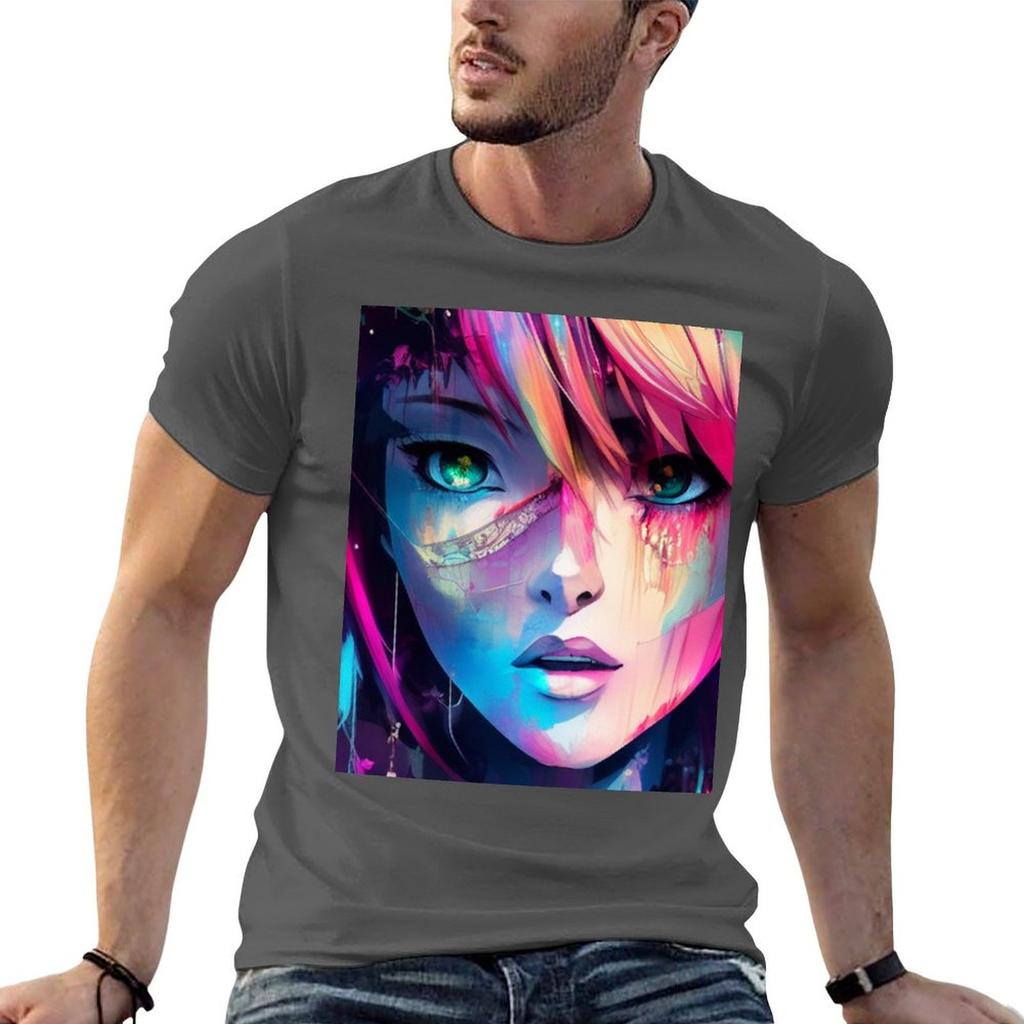 Mysterious Anime Girl In Moody Colors Tshirt Plus Size Loose Short Sleeve Top