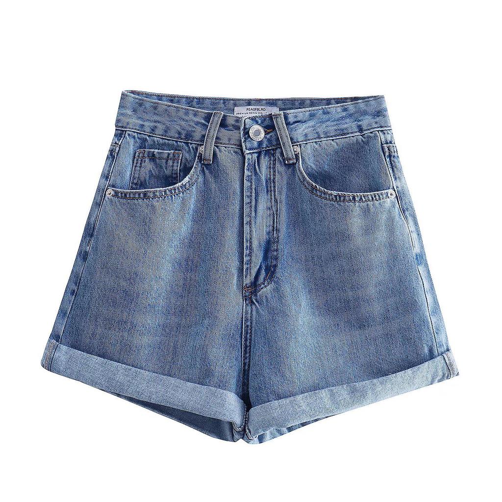 High-Waisted French Style Rolled Hem Denim Shorts
