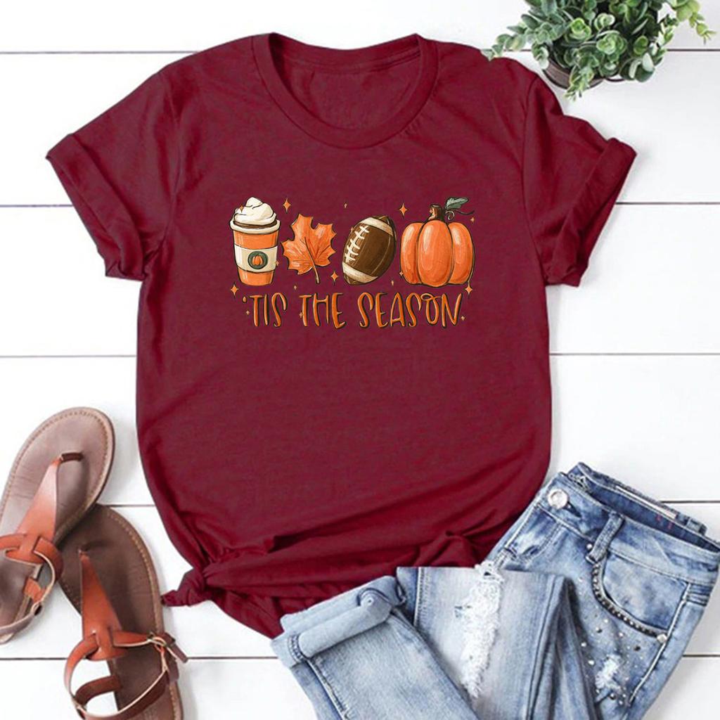 Tis The Season Fall Coffee T-Shirt Coffee Lovers Tshirt Pumpkin Latte Drink Shirts Unisex Thanksgiving Tee Halloween Tops
