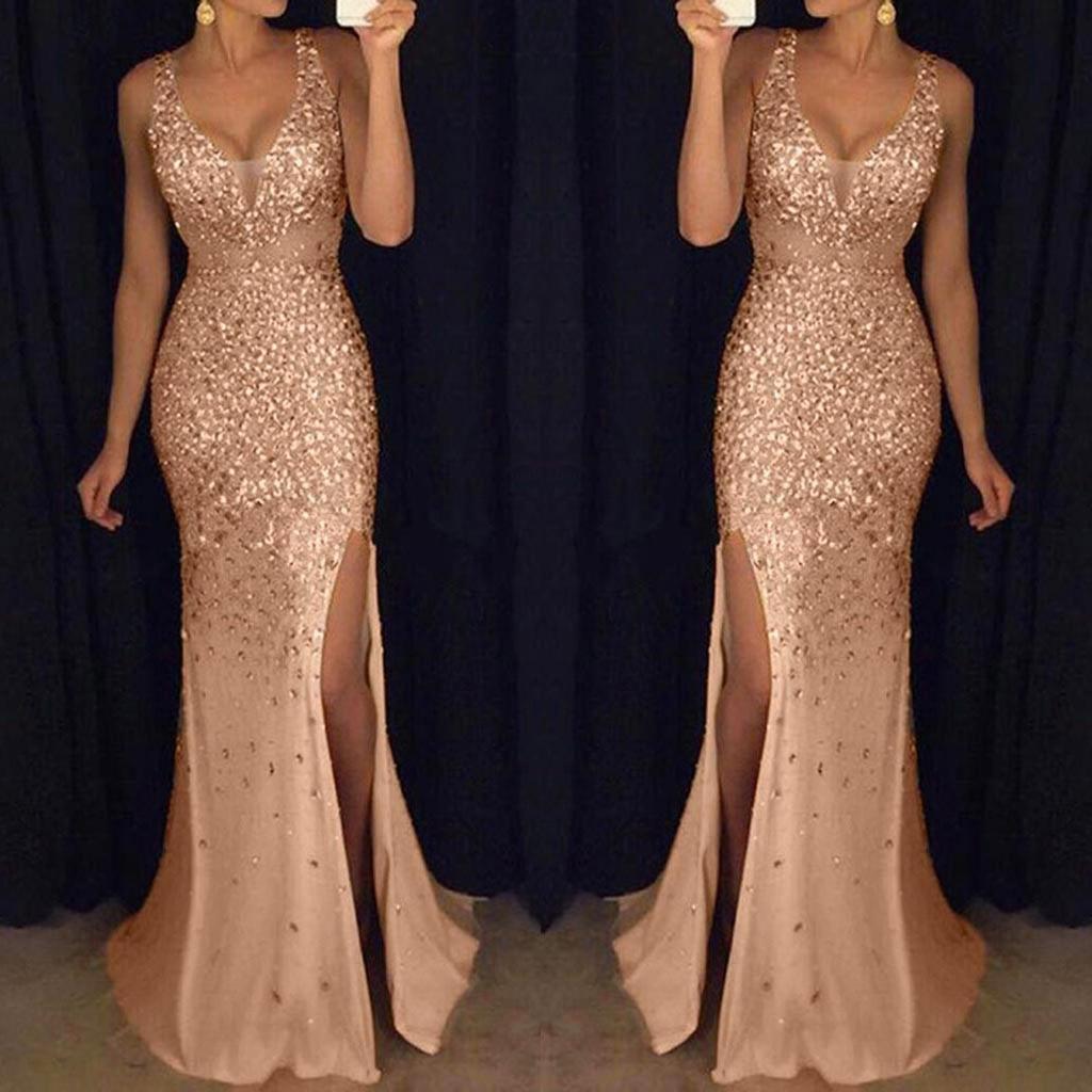 Kleid mit hohem Schlitz Damen Pailletten Abschlussball Party Elegant Dame Rückenfrei Sexy Kleid Damen Gold Elegant Brautjungfer V-Ausschnitt Langes Kleid