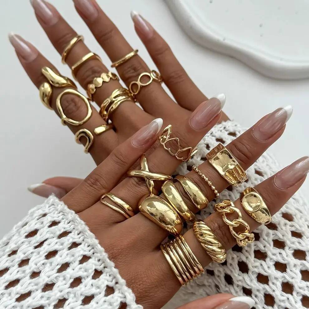 Salircon 20Pcs/Set Exaggerated Metal Irregular Lines Water Droplet Smooth Rings for Women Punk Knuckle Rings Couple Jewelry Gift